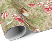 クリスマスの鳥と松の枝とキャンディカン ラッピングペーパー (ロールコーナー)