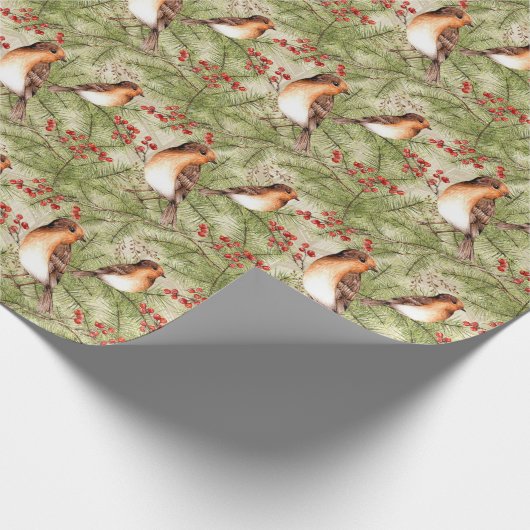 クリスマスの鳥と松の枝と果実 ラッピングペーパー (角)