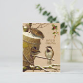 クリスマスの鳥のすずめの巣箱のヒイラギ シーズンポストカード (スタンド正面)