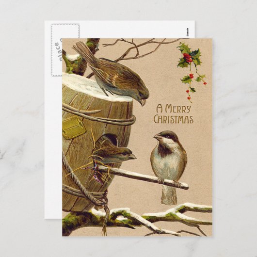 クリスマスの鳥のすずめの巣箱のヒイラギ シーズンポストカード (正面/裏面)