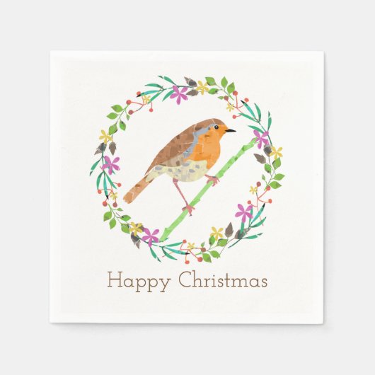 クリスマスの鳥、コマドリ スタンダードカクテルナプキン (正面)
