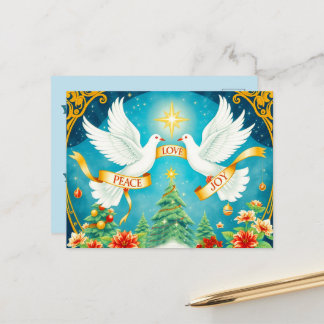 クリスマスの鳩、クリスマスツリー、愛、平和、喜び ポストカード
