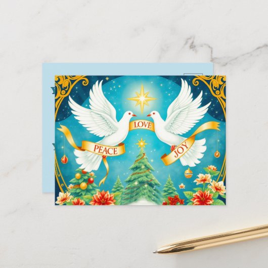 クリスマスの鳩、クリスマスツリー、愛、平和、喜び ポストカード (正面/裏面インサイチュ)