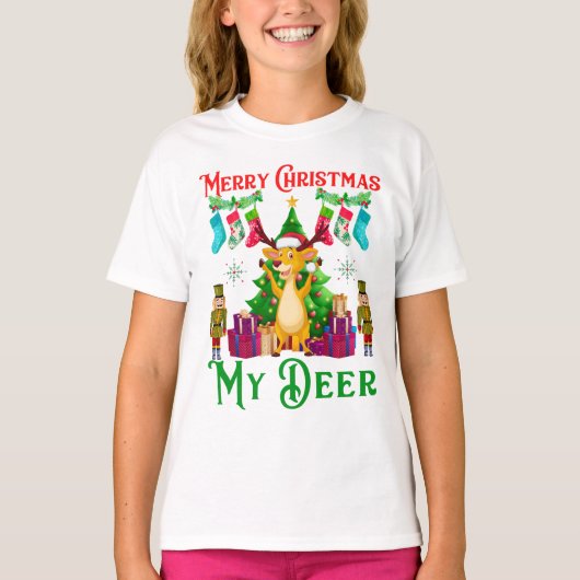 クリスマスの鹿がおかしい、クリスマスおめでとう Tシャツ (正面)