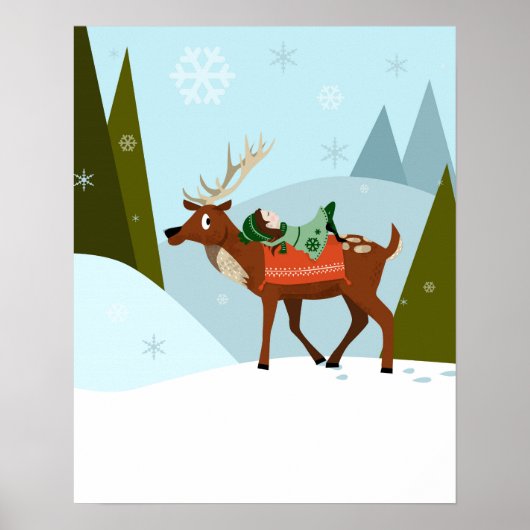 クリスマスの鹿とエルフが雪の山頂に立つ ポスター (正面)