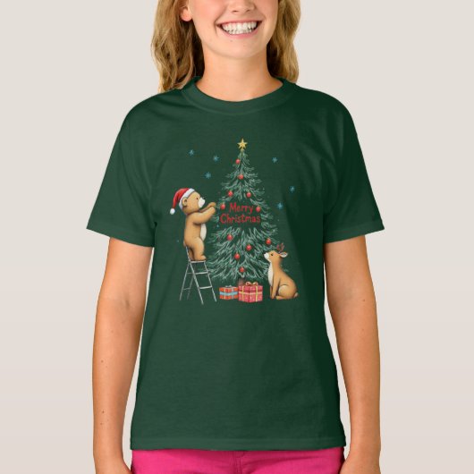 クリスマスの鹿とクマ Tシャツ (正面)
