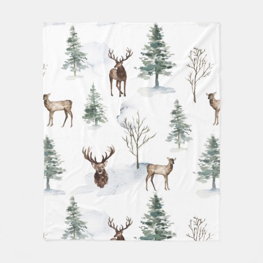 クリスマスの鹿と冬の木のパターン フリースブランケット (正面)