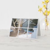 クリスマスの鹿と雪だるまを窓に カード (黄色い花)