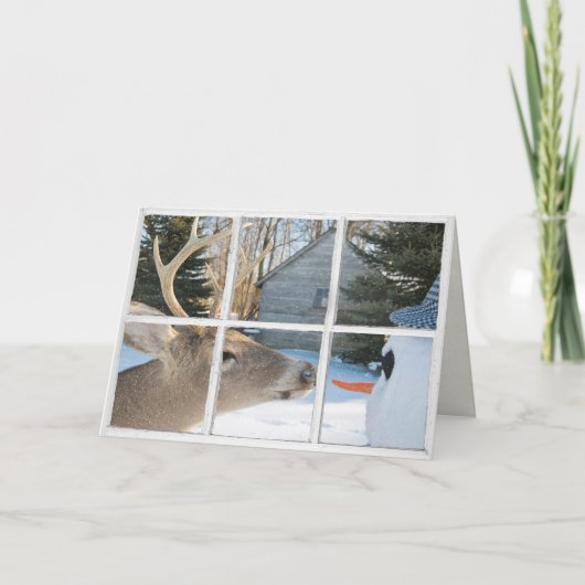 クリスマスの鹿と雪だるまを窓に カード (正面)