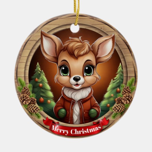 クリスマスの鹿のキャラクター セラミックオーナメント (正面)