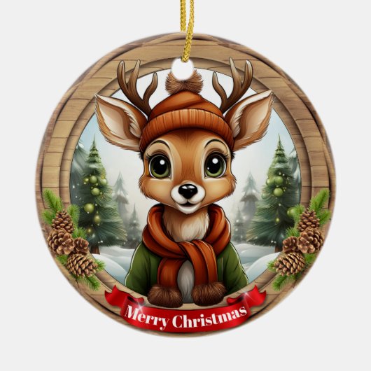 クリスマスの鹿のキャラクター・動物・陶器 セラミックオーナメント (正面)