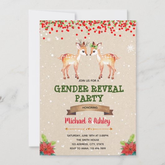 クリスマスの鹿または牝鹿の性別発表招待状 招待状 (正面)