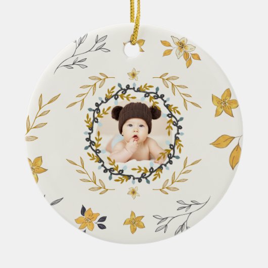 クリスマスの鹿 イエロー クリーム色 花 Photo セラミックオーナメント (正面)