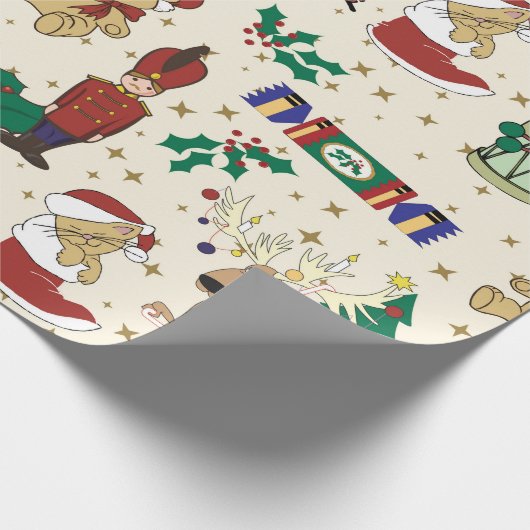 クリスマスの鹿、クマ、ネコ、くるみ割り ラッピングペーパー (角)