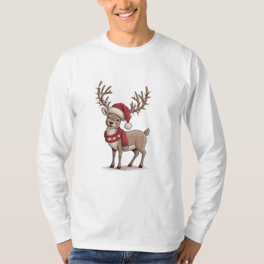 クリスマスの鹿 サンタ帽子 Xmas Tシャツ (正面)