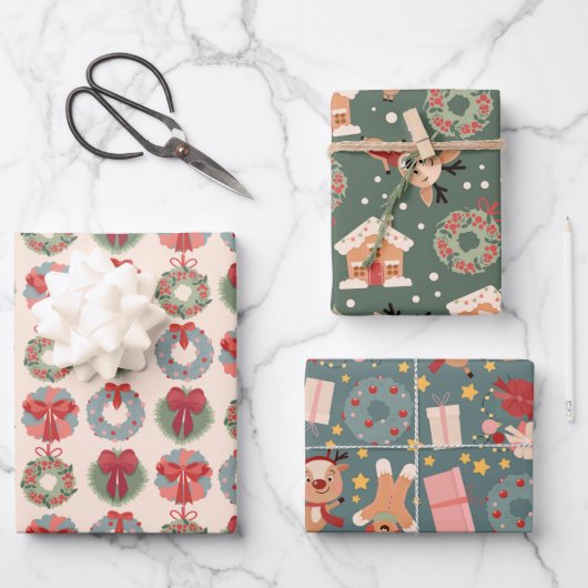 クリスマスの鹿、リース、ジンジャーブレッド柄 ラッピングペーパーシート (正面)