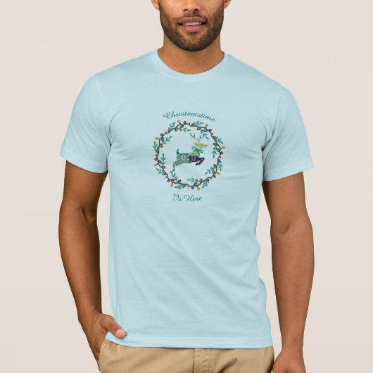 クリスマスの鹿 リース タイルブルー メンズ Tシャツ (正面)