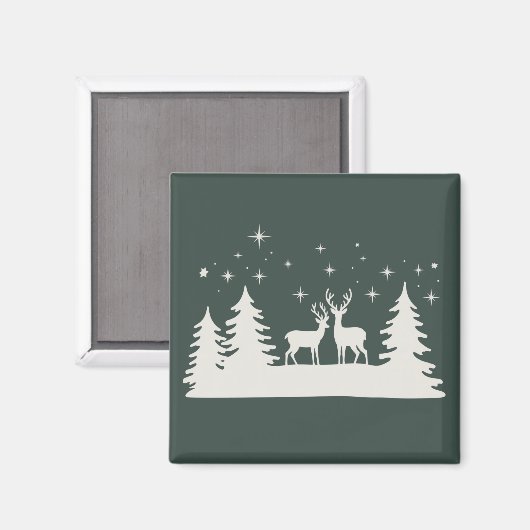 クリスマスの鹿 冬の季節のホリデー 雪景色 マグネット (正面/裏面)