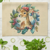 クリスマスの鹿 冬 ウォーターカラー 面白い 動物 キッチンタオル (折り畳み)