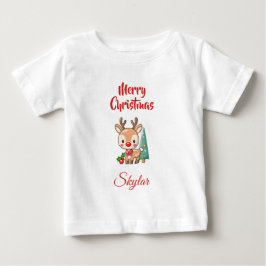 クリスマスの鹿、名前入りメリークリスマス ベビーTシャツ