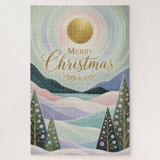 クリスマスの黄金の太陽とパステルカラーの山の風景 ジグソーパズル (縦)