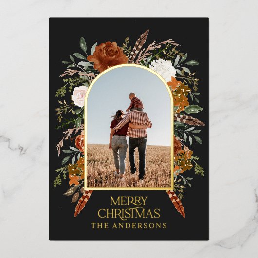 クリスマスの黒いアーチフローラの写真の素朴エレガントな 箔シーズンカード (正面)