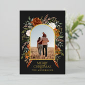 クリスマスの黒いアーチフローラの写真の素朴エレガントな 箔シーズンカード (立ち正面)