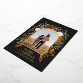 クリスマスの黒いアーチフローラの写真の素朴エレガントな 箔シーズンカード (回転した状態)