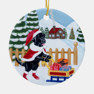 クリスマスの黒いラブラドールのサンタの絵画 セラミックオーナメント