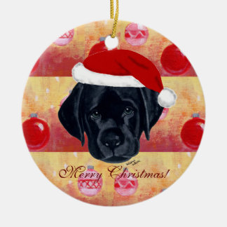 クリスマスの黒いラブラドールの子犬 セラミックオーナメント