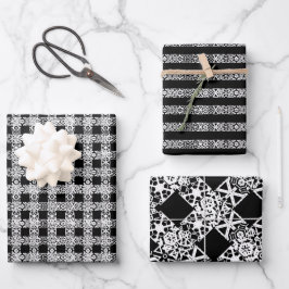 クリスマスの黒と白のレースパターンかわいい ラッピングペーパーシート