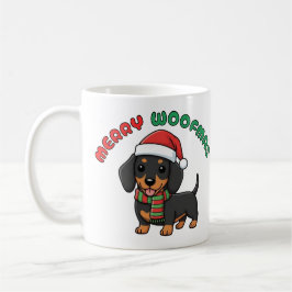 クリスマスの黒ダックスフンド マグカップ: メリーウーフマス コーヒーマグカップ