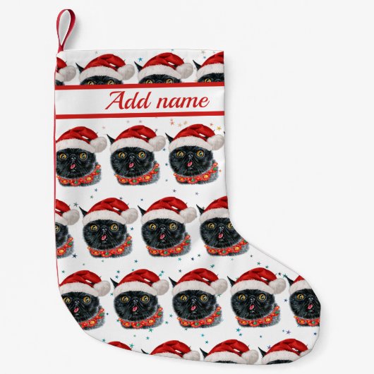 クリスマスの黒猫の水彩画 スモールクリスマスストッキング (正面)