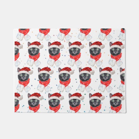 クリスマスの黒猫の赤いマフラー ドアマット (正面)