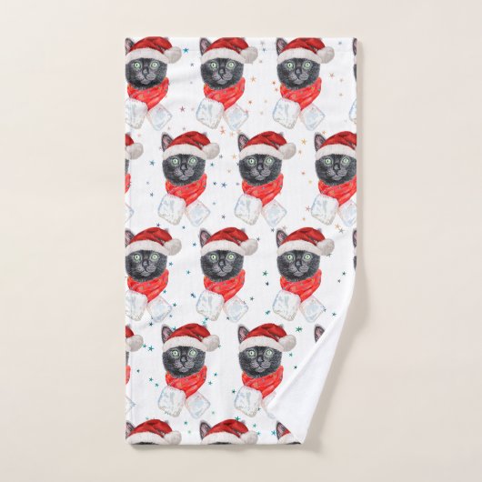 クリスマスの黒猫の赤いマフラー ハンドタオル (ハンドタオル)