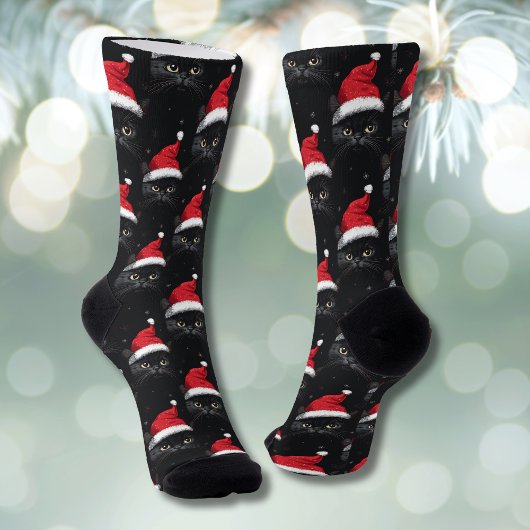 クリスマスの黒猫サンタの面白いデザイン ソックス