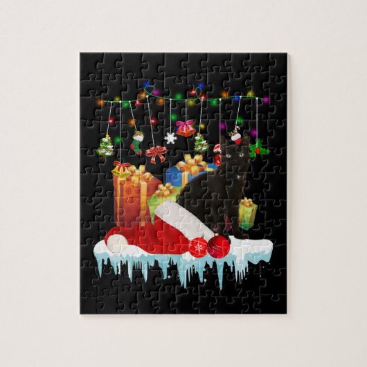 クリスマスの黒猫プレゼント ジグソーパズル (縦)
