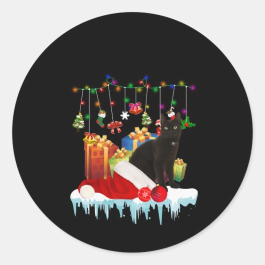 クリスマスの黒猫プレゼント ラウンドシール (正面)