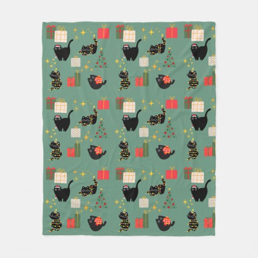 クリスマスの黒猫 フリースブランケット (正面)