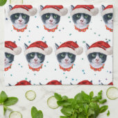 クリスマスの黒白猫の水彩画 キッチンタオル (折り畳み)