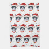 クリスマスの黒白猫の水彩画 キッチンタオル (縦)