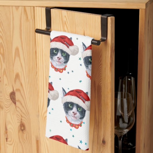 クリスマスの黒白猫の水彩画 キッチンタオル (三つ折り)