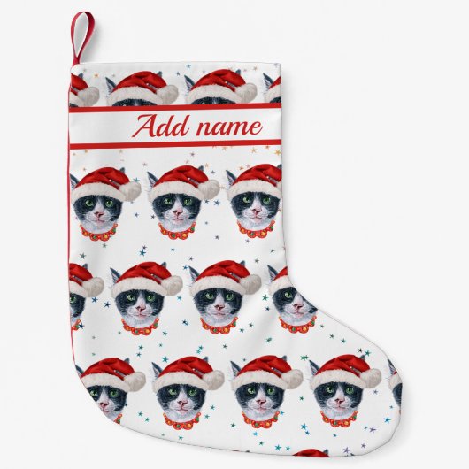 クリスマスの黒白猫の水彩画 スモールクリスマスストッキング (正面)