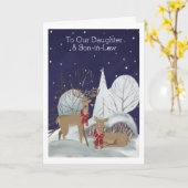 クリスマスの2頭の鹿の雪のシーンのカスタマイズ カード (黄色い花)