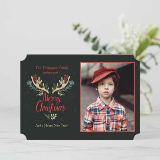 クリスマスの(雄ジカの)枝角の写真カード シーズンカード (スタンド正面)