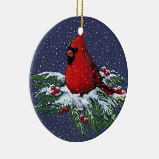 クリスマスの(鳥)ショウジョウコウカンチョウ: 鳥: 雪: 芸術 セラミックオーナメント (右)