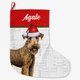 クリスマスのAiredale Terrier名の背景 ラージクリスマスストッキング