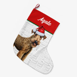 クリスマスのAiredale Terrier名の背景 ラージクリスマスストッキング