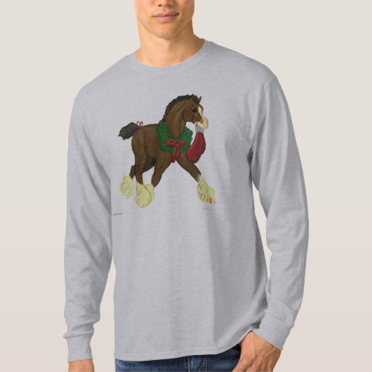 クリスマスのClydesdaleの馬の子馬の長袖T Tシャツ (正面)