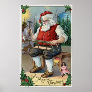 クリスマスのGreetingSantaの建物のそり ポスター